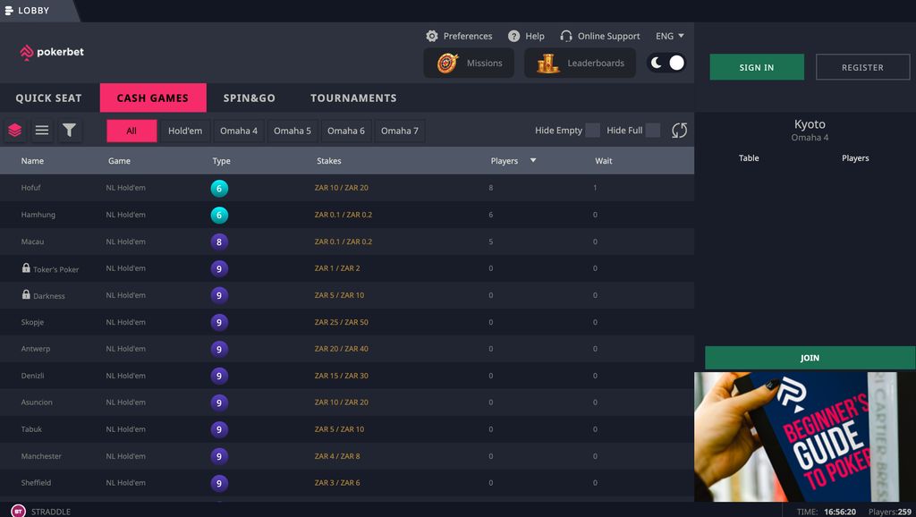 Online poker lobby at Pokerbet