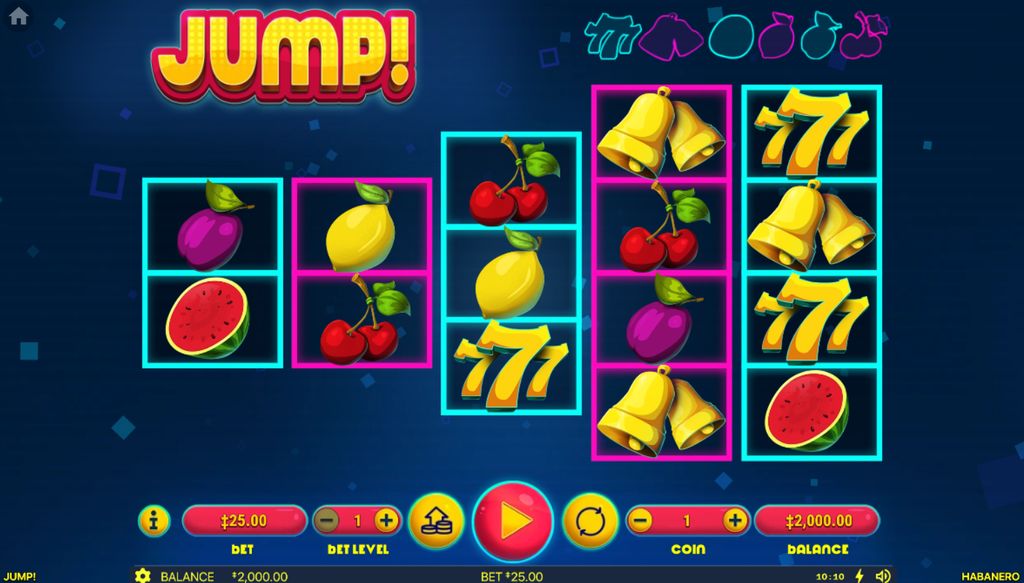 Jump! base game layout with uneven reels and the bet panel.