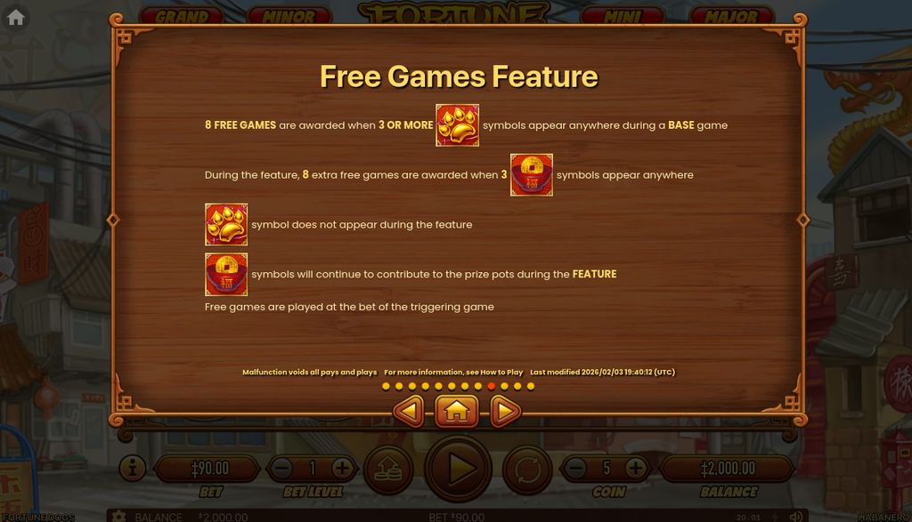 Free Games Feature rules showing 8 Free Games awarded for 3 or more Scatter symbols