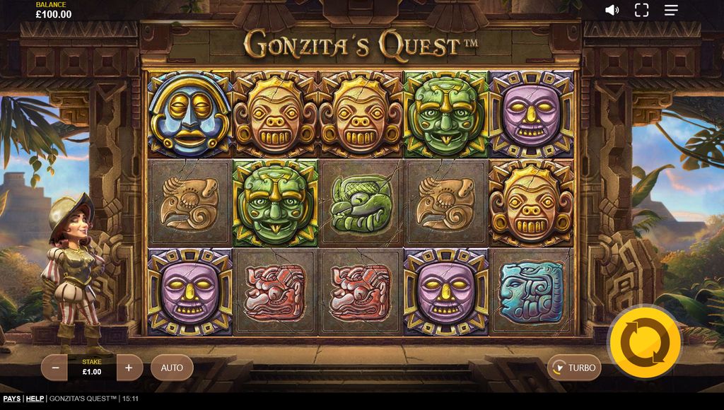 Gonzita's Quest main game view with a 5x3 grid and 20 paylines