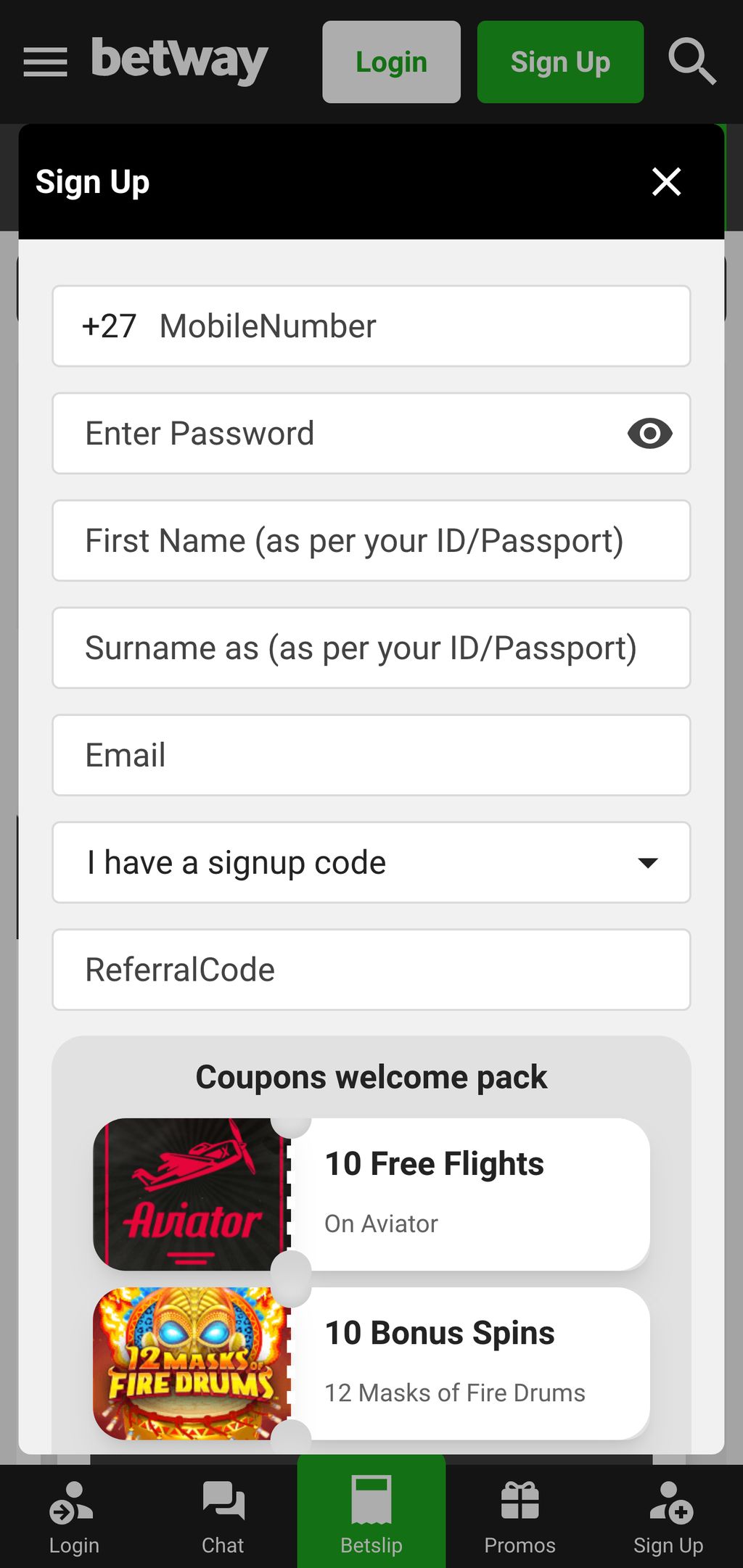 Betway registration form