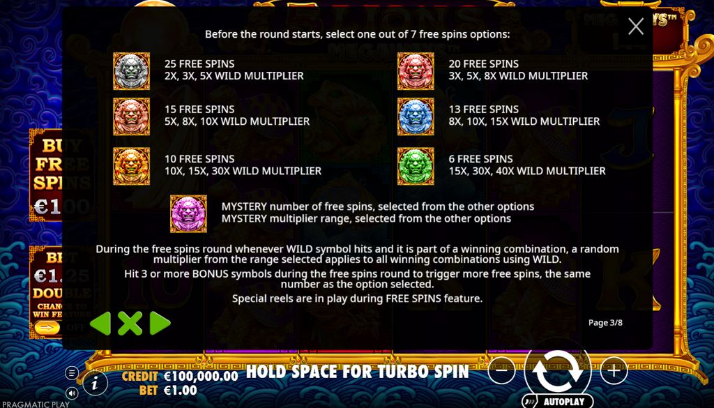 Free Spins selection screen — 7 options ranging from 25 spins to 6 spins with multipliers up to 40x