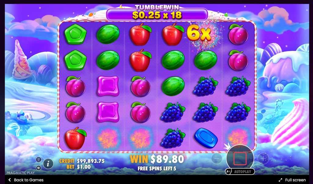 Multiplier bombs combining during the Sweet Bonanza free spins feature.