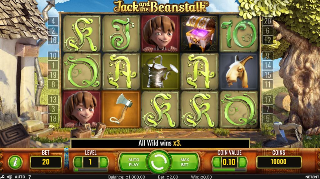 The Jack and the Beanstalk reels in the base game with active payline indicators on both sides
