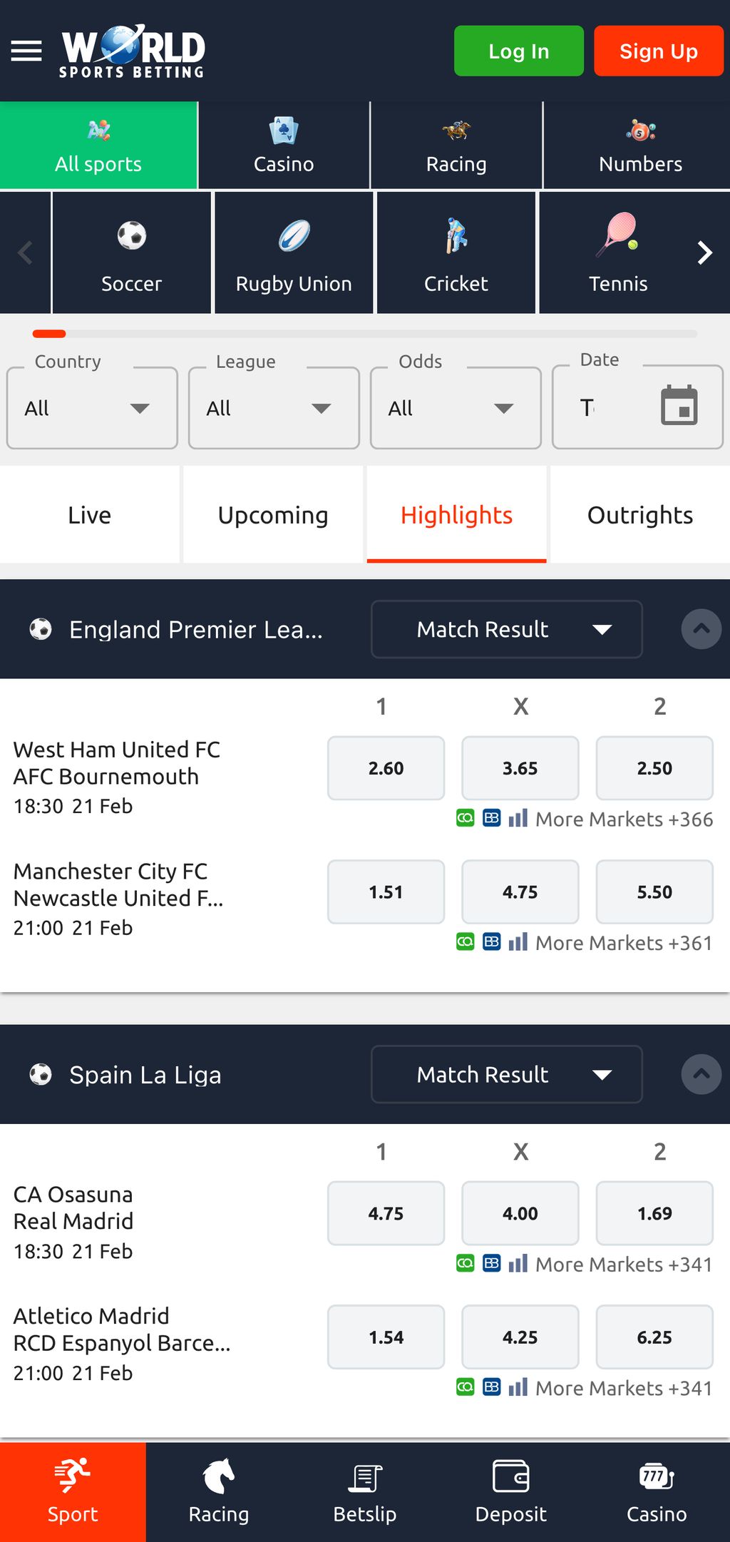 Sports betting on WSB App
