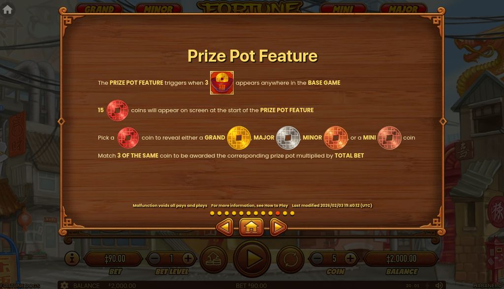 Prize Pot Feature showing the four jackpot tiers and coin selection mechanics