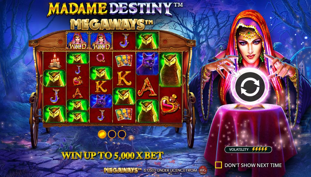 Madame Destiny Megaways — intro screen with 5,000x max win and high volatility rating