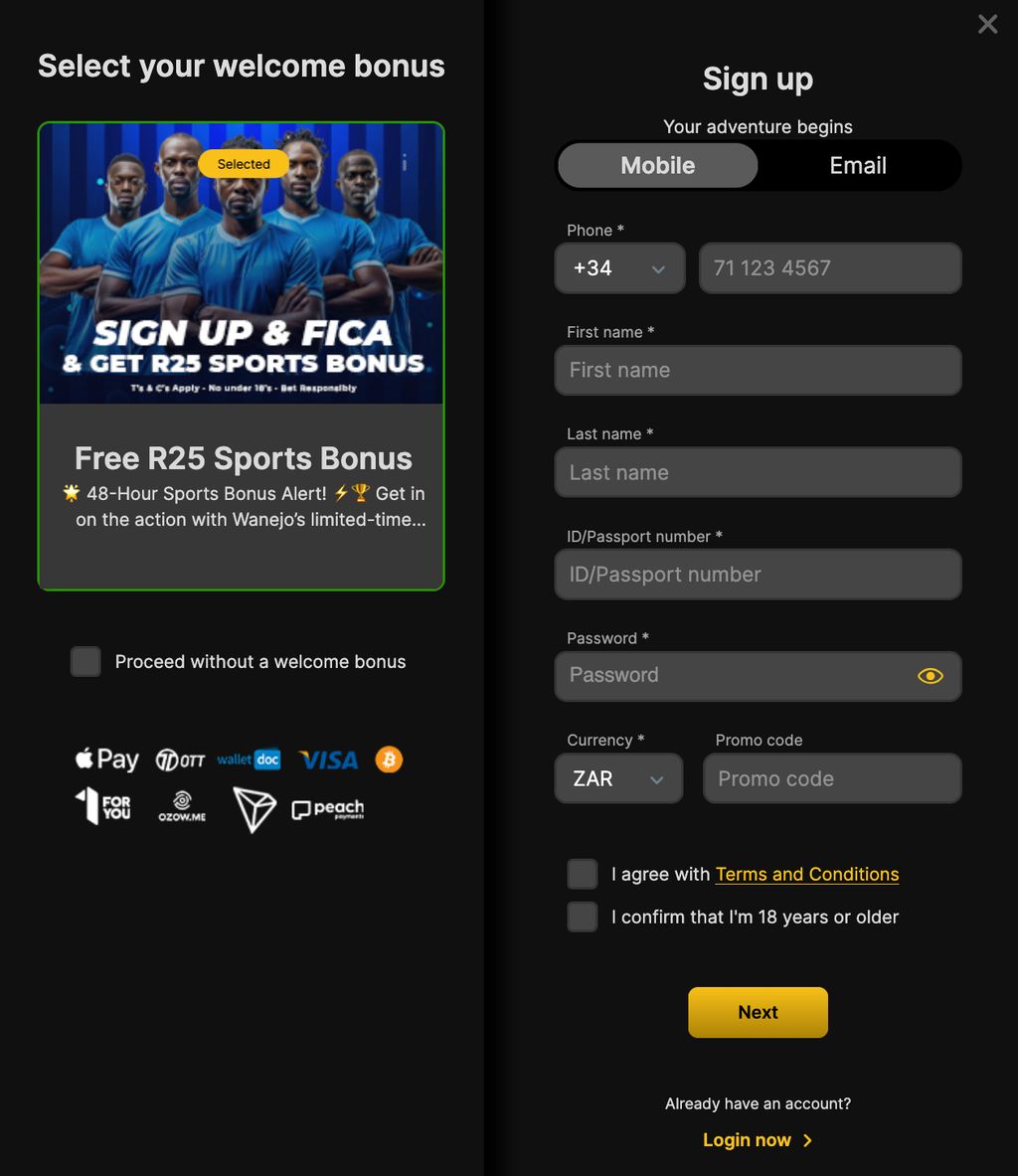 WanejoBets sign-up form with bonus selection and personal details fields.