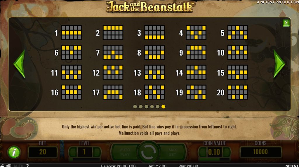 All 20 fixed paylines available in Jack and the Beanstalk
