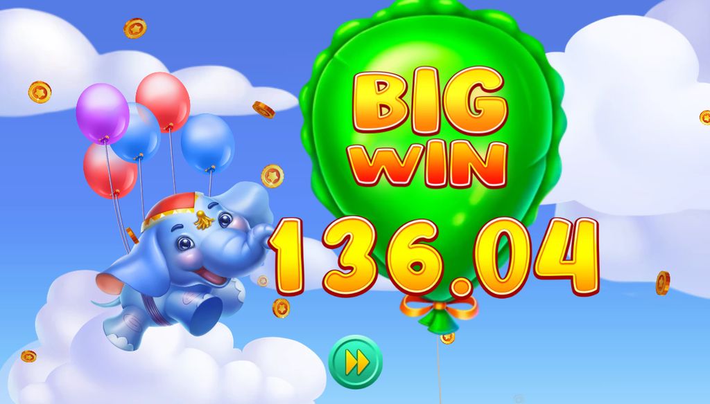 Sky-themed Circus Free Games Big Win with the elephant flying among balloons.
