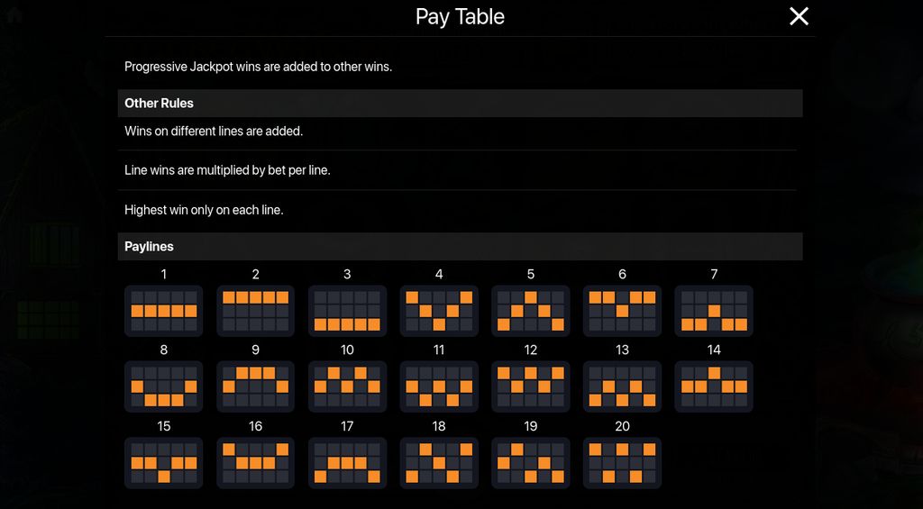 Full grid of 20 paylines on Wicked Witch, with line patterns numbered from 1 to 20.