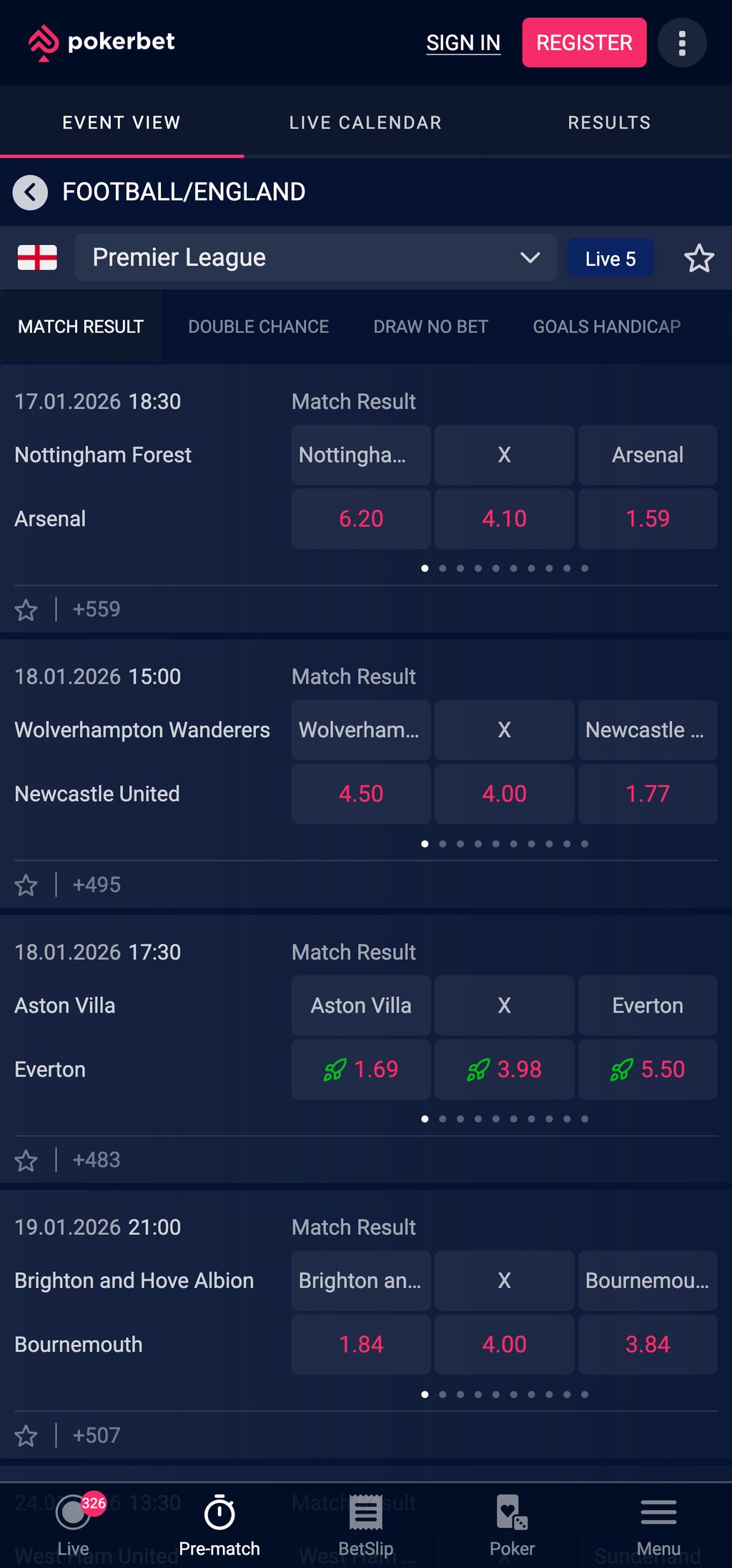 Pokerbet sports betting page
