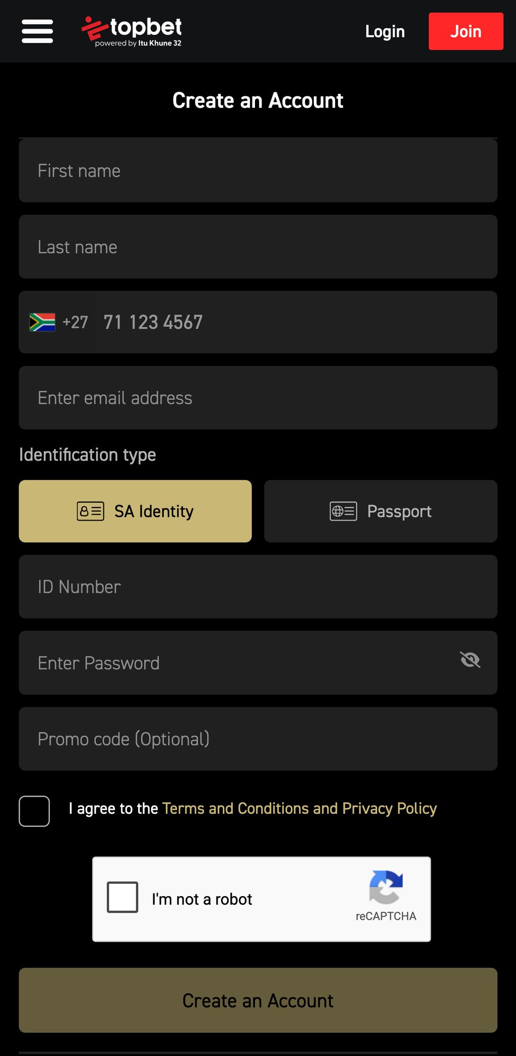 Topbet registration form on mobile — all fields fit on a single page