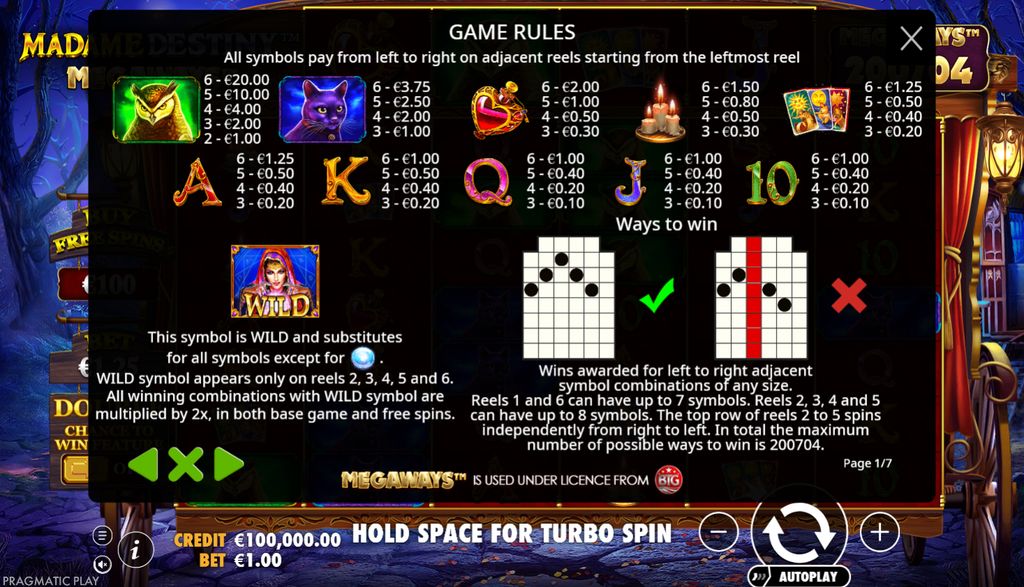 Paytable and ways-to-win rules in Madame Destiny Megaways