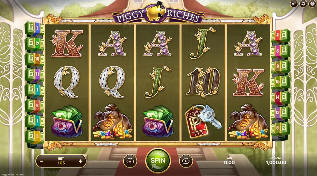 Piggy Riches base game: 5 reels, 3 rows and 15 fixed paylines