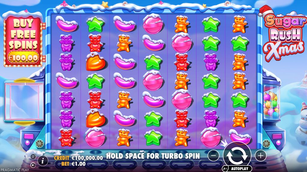 Sugar Rush Xmas base game: 7x7 grid with candy and gummy bear symbols