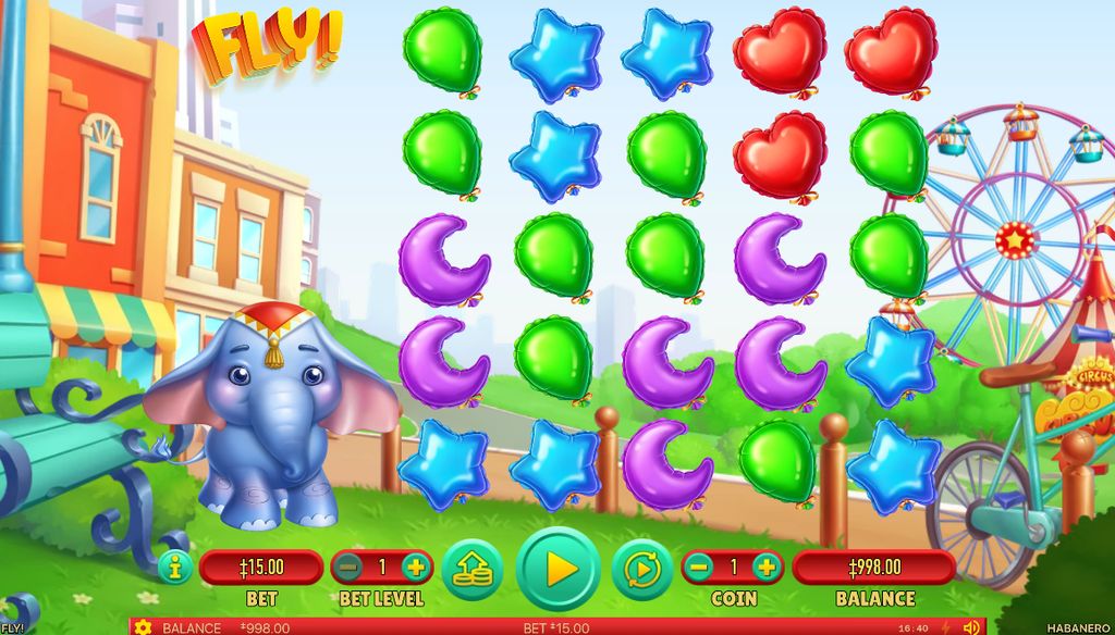 Fly! slot main interface with the elephant mascot, balloon symbols and the circus background.