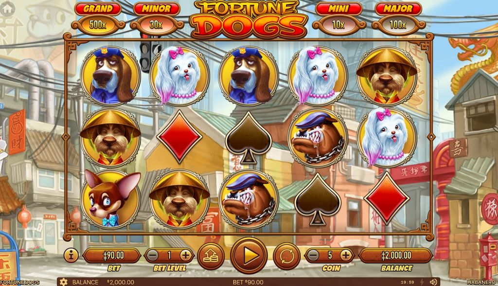 Fortune Dogs base game showing the 5×3 grid with dog symbols and four prize pots above the reels