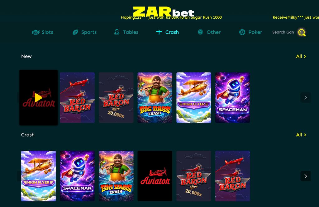 Crash games section at ZARbet showing available titles