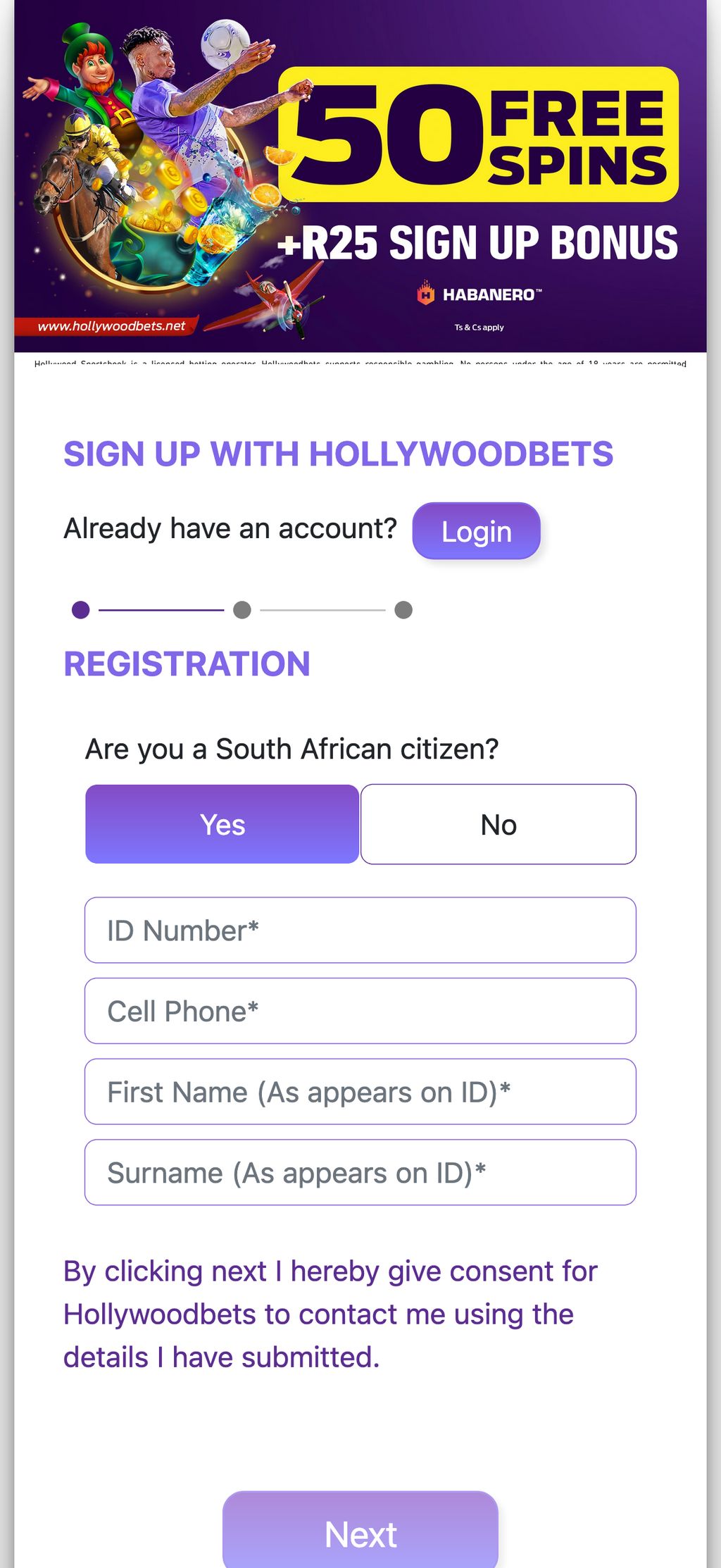 Hollywoodbets registration form - Simple three-step process requiring ID number, phone, and personal details