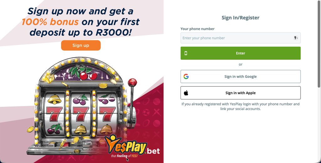 YesPlay sign-up form with phone number, Google and Apple registration options