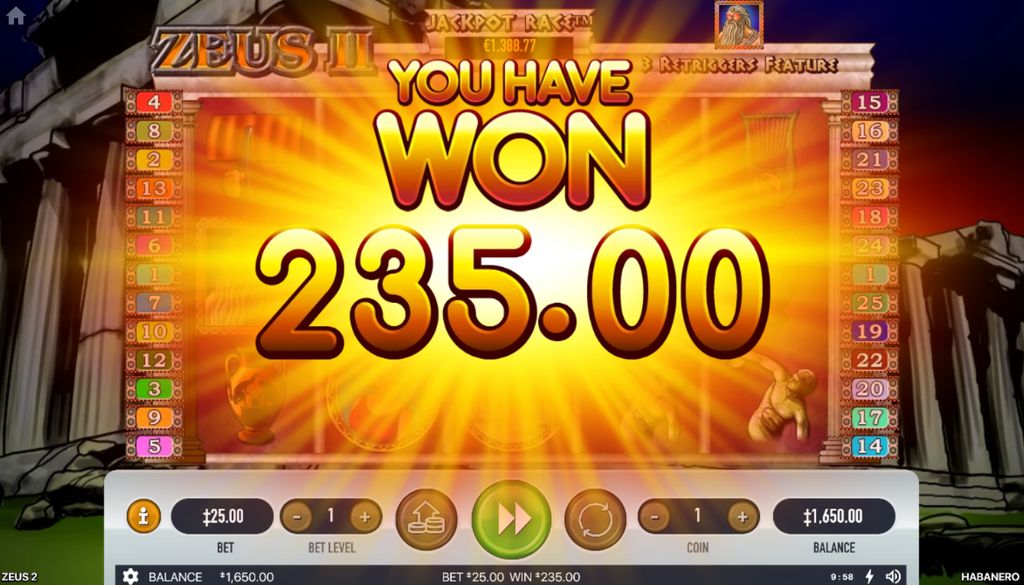 Typical free games round payout of R235 at R25 stake