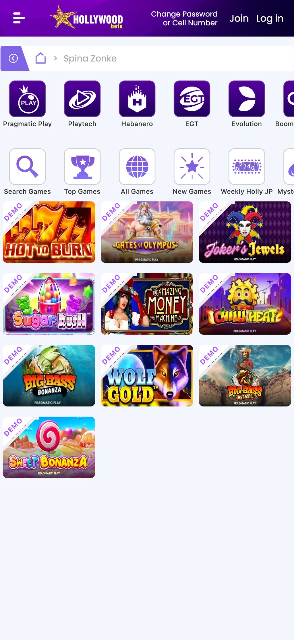 Spina Zonke casino section showing game providers - Pragmatic Play, Playtech, Habanero, EGT, Evolution, Booming. Demo mode available for testing games
