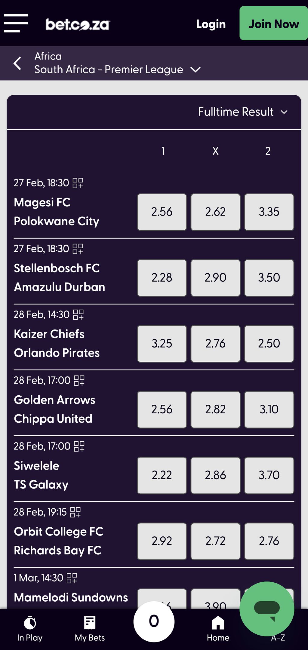Soccer betting at Bet.co.za