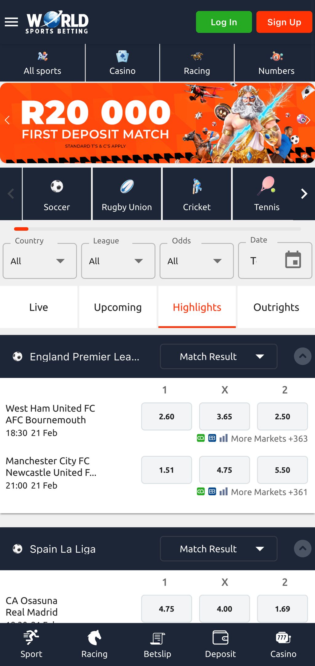 World Sports Betting's mobile app