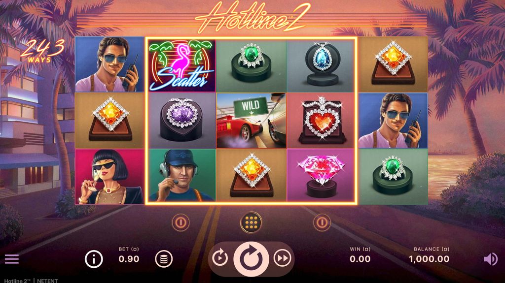 Hotline 2 base game: 5×3 reels in the Miami sunset
