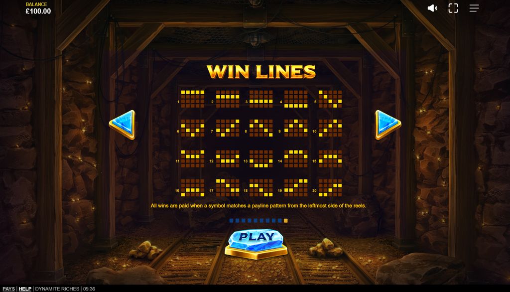 All 20 payline patterns in Dynamite Riches