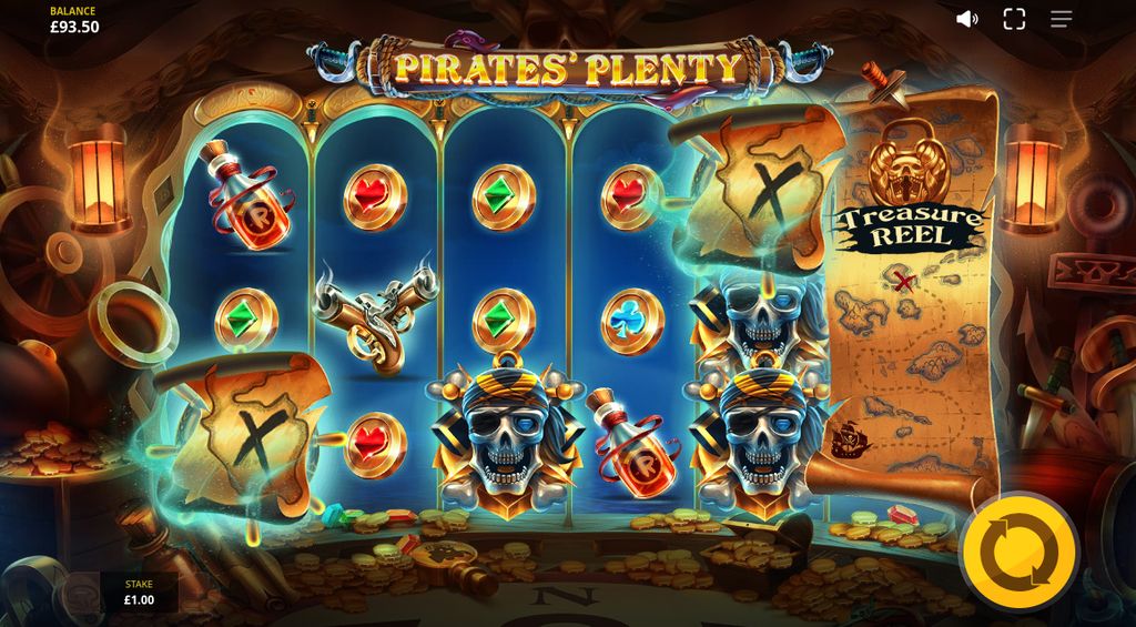 A spin with active Map Symbols and stacked top-paying icons across the reels of Pirates' Plenty.