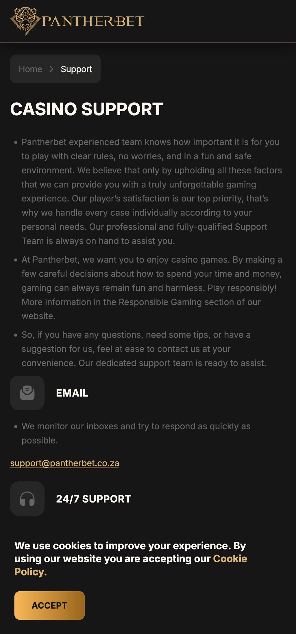 PantherBet support page