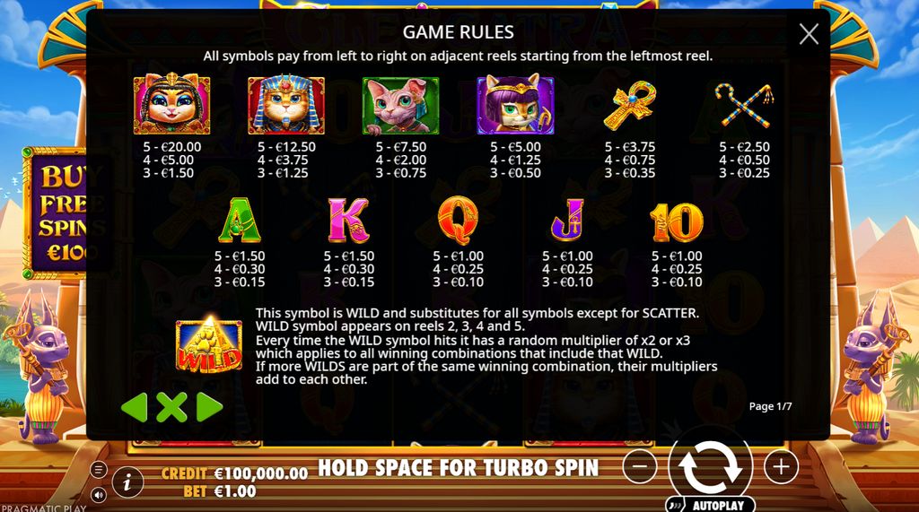 Cleocatra paytable – symbol values at a R1 bet