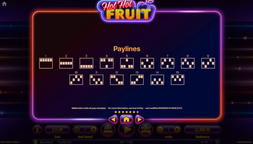 All 15 payline patterns in Hot Hot Fruit