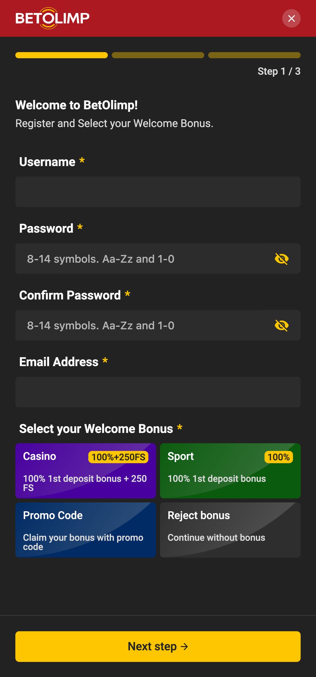 BetOlimp sign-up page