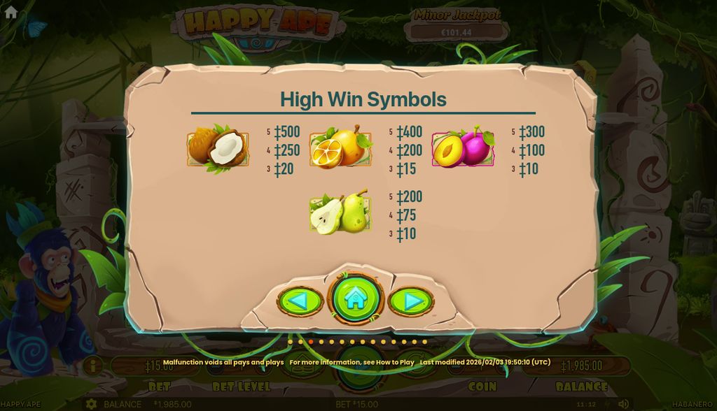 The high-paying coconut, lemon, plum and pear values shown in the in-game paytable