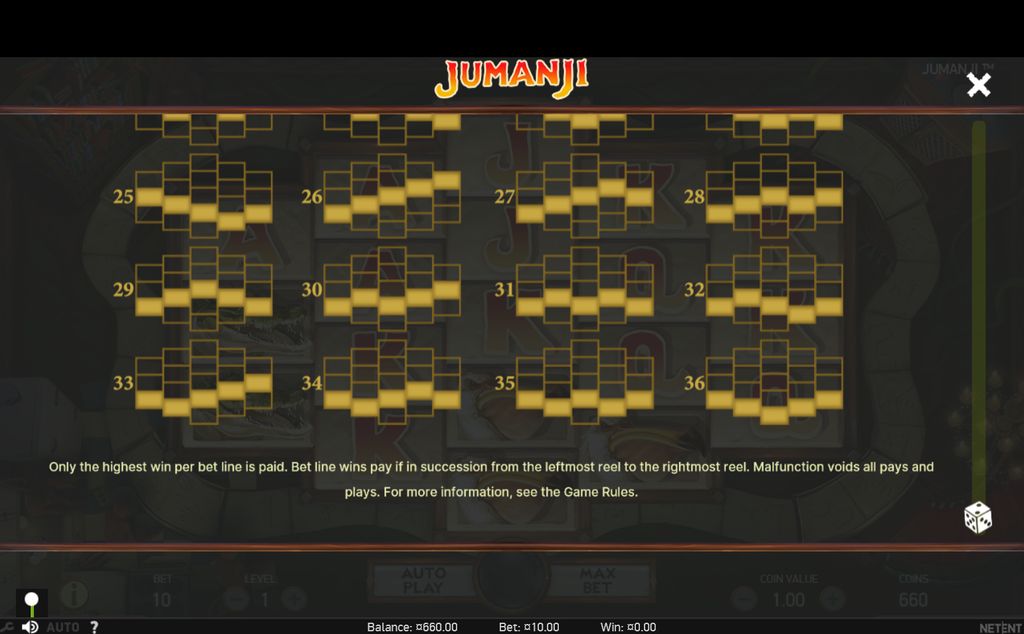 A portion of the 36 fixed paylines used by the diamond reel layout