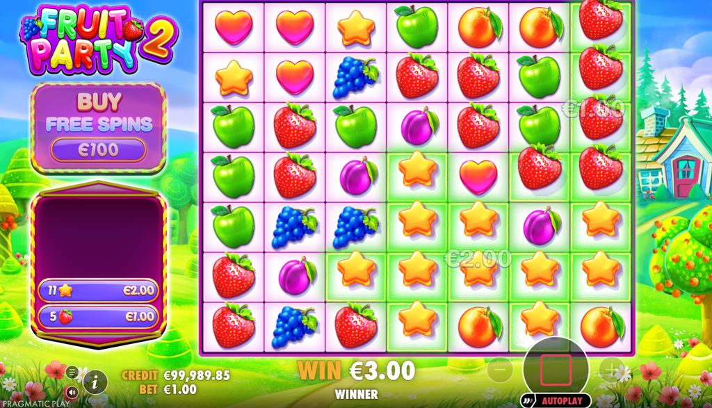 Multiple cluster wins accumulating during Fruit Party 2 gameplay