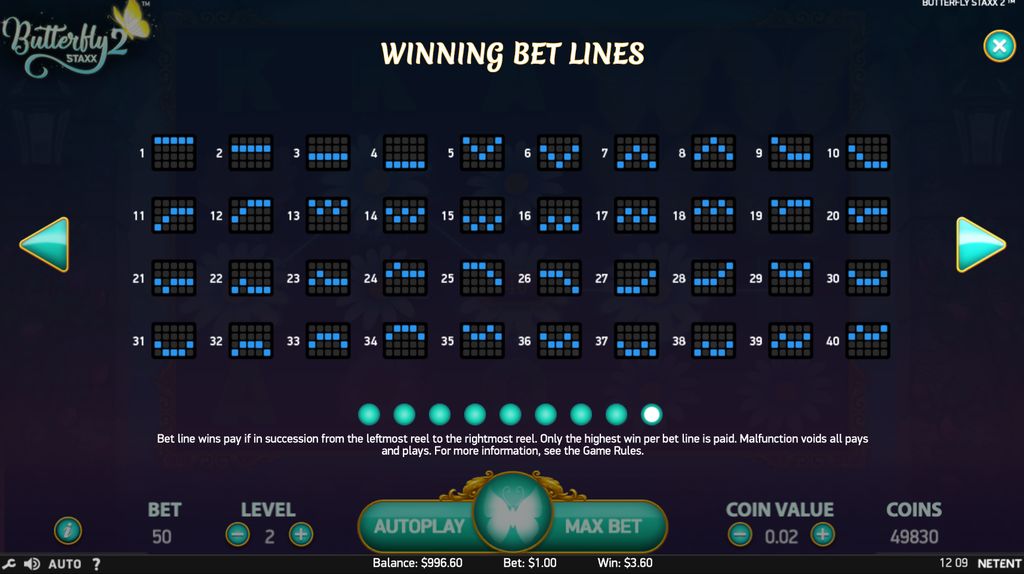 All 40 winning bet line patterns in Butterfly Staxx 2 — pays left to right from the first reel
