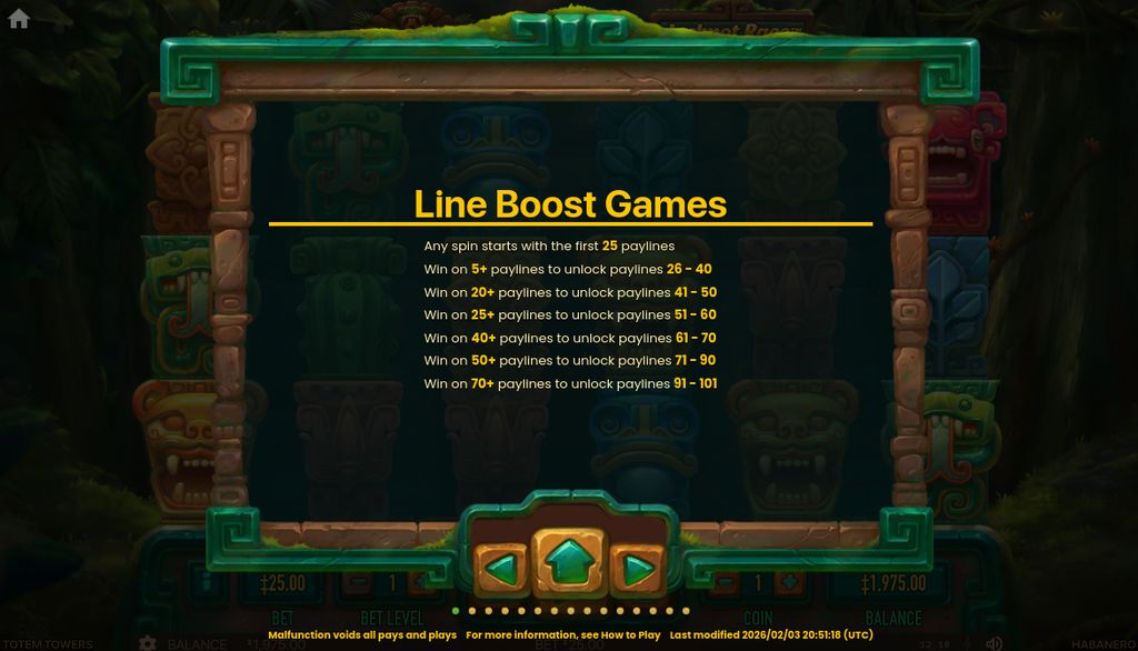 Line Boost Games feature showing the progressive unlock thresholds for additional paylines