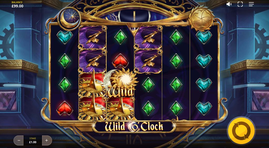 Wild O'Clock base game on the 6×4 grid with the gold-trimmed clockwork frame