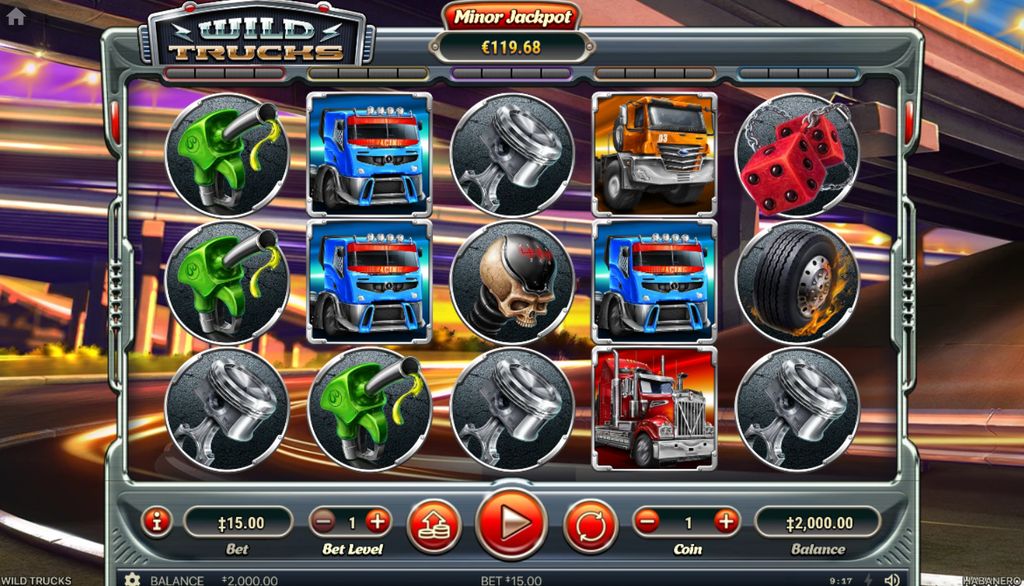 Wild Trucks slot — base game view with Minor Jackpot display