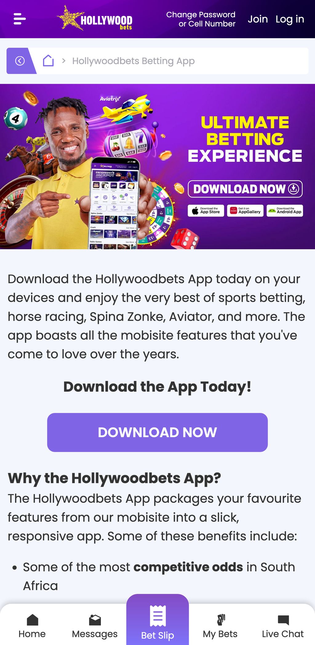 Hollywoodbets app download page with links for Android, iOS and Huawei