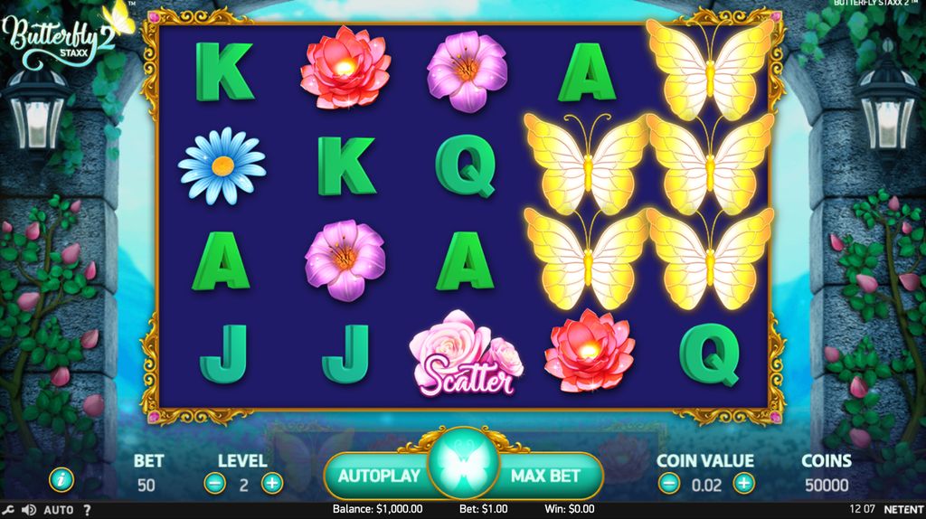 Butterfly Staxx 2 — main game screen with stacked Butterfly symbols on the fifth reel