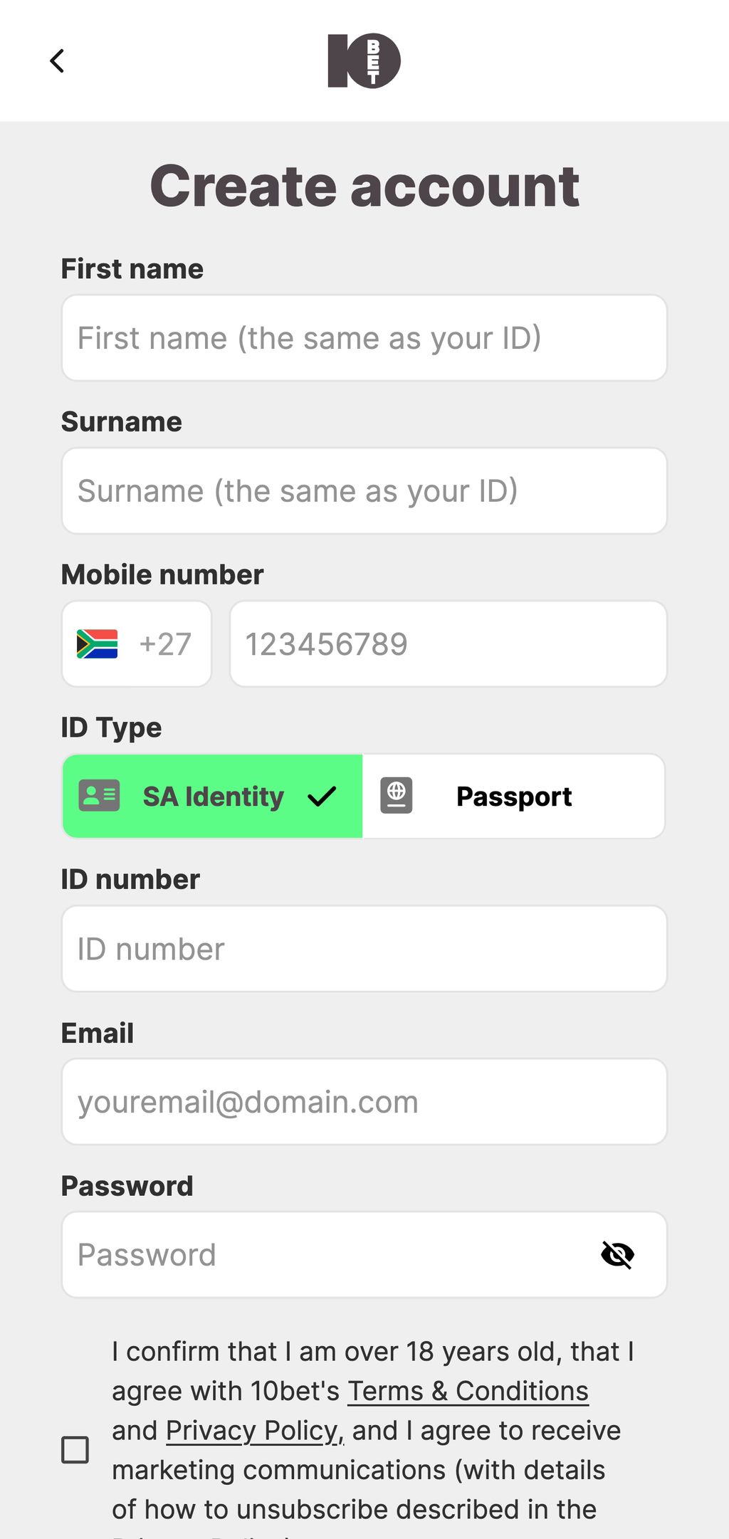 Registration on the 10bet website