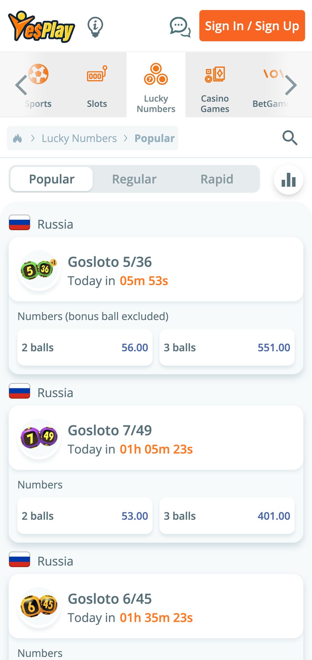 Lucky Numbers on YesPlay mobile app