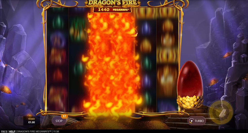 Fire Blast in action — the dragon breathes fire across the reels