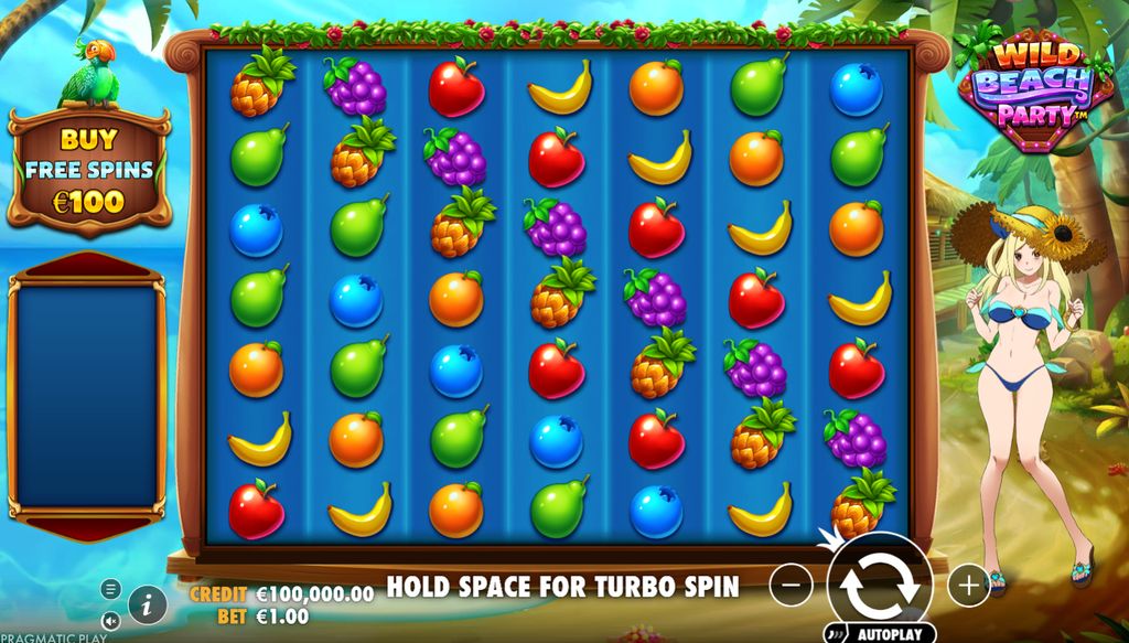 Wild Beach Party slot — 7x7 grid with cluster pays and tropical fruit symbols
