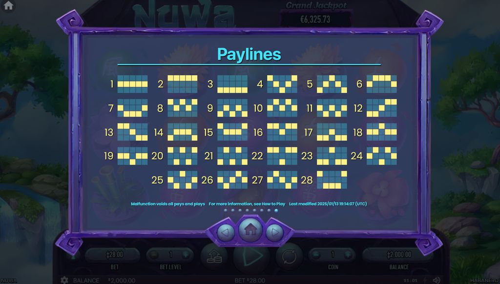 All 28 payline patterns in the Nuwa slot